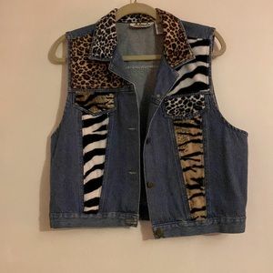 Vintage 90s Faux Fur Animal Print Denim Vest